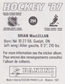 1987-88 Panini Hockey Stickers #294 Brian MacLellan Back