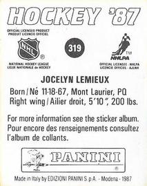 1987-88 Panini Hockey Stickers #319 Jocelyn Lemieux Back