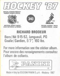 1987-88 Panini Hockey Stickers #340 Richard Brodeur Back