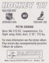 1987-88 Panini Hockey Stickers #347 Petri Skriko Back