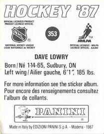 1987-88 Panini Hockey Stickers #353 Dave Lowry Back