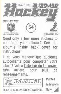 1989-90 Panini Hockey Stickers #54 Alain Chevrier Back