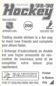 1989-90 Panini Hockey Stickers #209 Doug Bodger Back