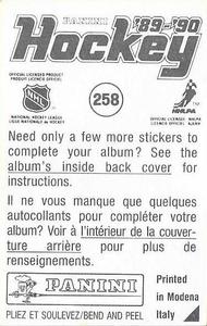 1989-90 Panini Hockey Stickers #258 Ken Daneyko Back