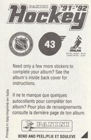 1991-92 Panini Hockey Stickers #43 Tom Kurvers Back