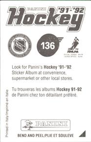 1991-92 Panini Hockey Stickers #136 Tim Cheveldae Back