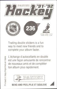 1991-92 Panini Hockey Stickers #236 Ken Wregget Back