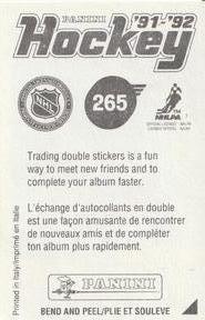 1991-92 Panini Hockey Stickers #265 Randy Velischek Back