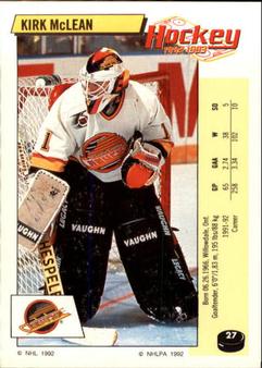 1992-93 Panini Hockey Stickers #27 Kirk McLean Front