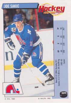 1992-93 Panini Hockey Stickers #209 Joe Sakic Front