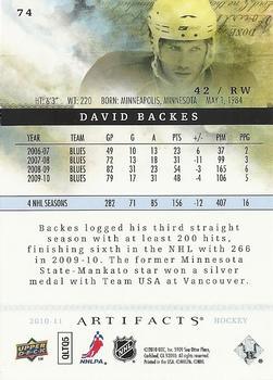 2010-11 Upper Deck Artifacts #74 David Backes  Back
