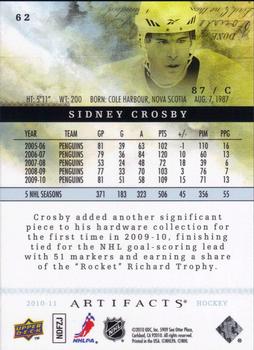 2010-11 Upper Deck Artifacts #62 Sidney Crosby  Back