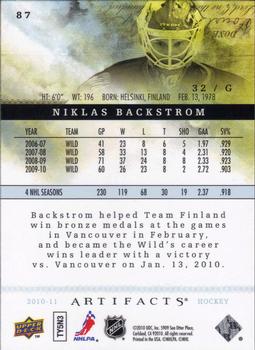 2010-11 Upper Deck Artifacts #87 Niklas Backstrom  Back