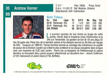 1991 Classic Draft Picks French #30 Andrew Verner Back