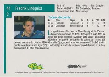 1991 Classic Draft Picks French #44 Fredrik Lindquist Back