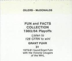 1983-84 McDonald's Edmonton Oilers Stickers #NNO Grant Fuhr Back