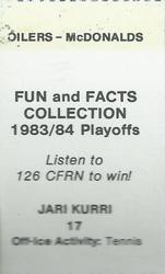 1983-84 McDonald's Edmonton Oilers Stickers #NNO Jari Kurri Back
