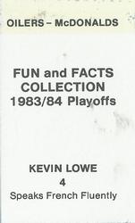 1983-84 McDonald's Edmonton Oilers Stickers #NNO Kevin Lowe Back