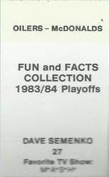 1983-84 McDonald's Edmonton Oilers Stickers #NNO Dave Semenko Back