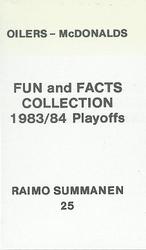 1983-84 McDonald's Edmonton Oilers Stickers #NNO Raimo Summanen Back