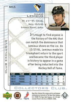 2001-02 Upper Deck Collectors Club #NHL5 Mario Lemieux Back