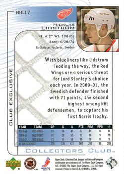 2001-02 Upper Deck Collectors Club #NHL17 Nicklas Lidstrom Back