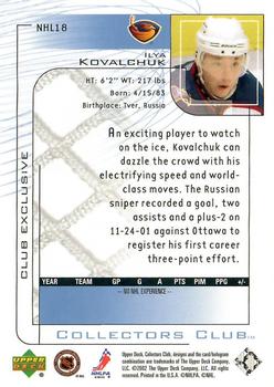 2001-02 Upper Deck Collectors Club #NHL18 Ilya Kovalchuk Back