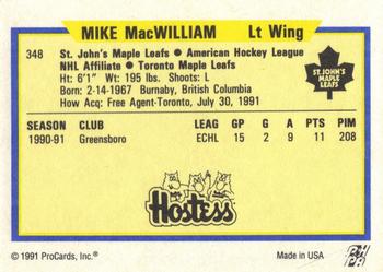 1991-92 ProCards AHL/IHL/CoHL #348 Mike MacWilliam Back