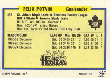 1991-92 ProCards AHL/IHL/CoHL #354 Felix Potvin Back
