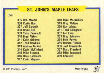 1991-92 ProCards AHL/IHL/CoHL #359 St. John's Maple Leafs Checklist Back