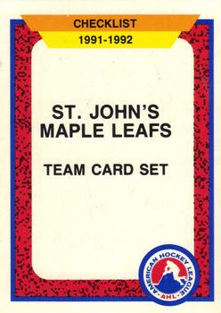 1991-92 ProCards AHL/IHL/CoHL #359 St. John's Maple Leafs Checklist Front