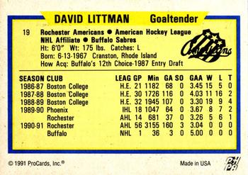 1991-92 ProCards AHL/IHL/CoHL #19 David Littman Back