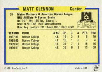1991-92 ProCards AHL/IHL/CoHL #58 Matt Glennon Back