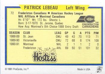 1991-92 ProCards AHL/IHL/CoHL #72 Patrick Lebeau Back