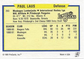 1991-92 ProCards AHL/IHL/CoHL #293 Paul Laus Back