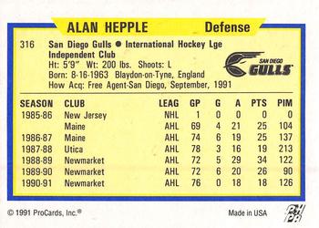 1991-92 ProCards AHL/IHL/CoHL #316 Alan Hepple Back