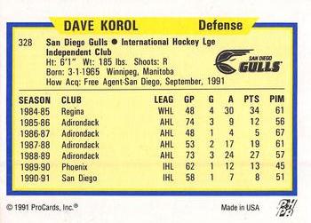 1991-92 ProCards AHL/IHL/CoHL #328 Dave Korol Back