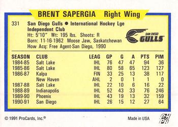 1991-92 ProCards AHL/IHL/CoHL #331 Brent Sapergia Back