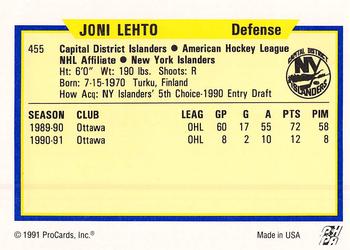 1991-92 ProCards AHL/IHL/CoHL #455 Joni Lehto Back