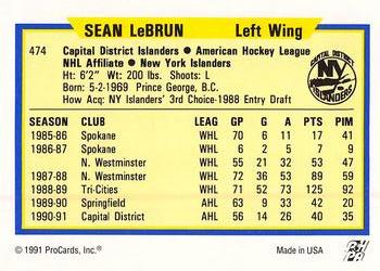 1991-92 ProCards AHL/IHL/CoHL #474 Sean LeBrun Back
