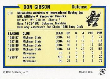 1991-92 ProCards AHL/IHL/CoHL #610 Don Gibson Back
