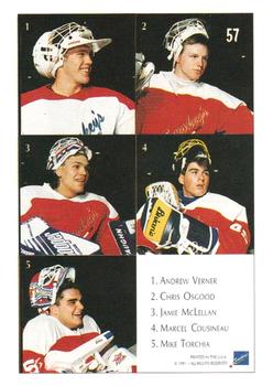 1991 Ultimate Draft - French #57 The Goalies (Andrew Verner / Chris Osgood / Jamie McLennan / Marcel Cousineau / Mike Torchia) Back
