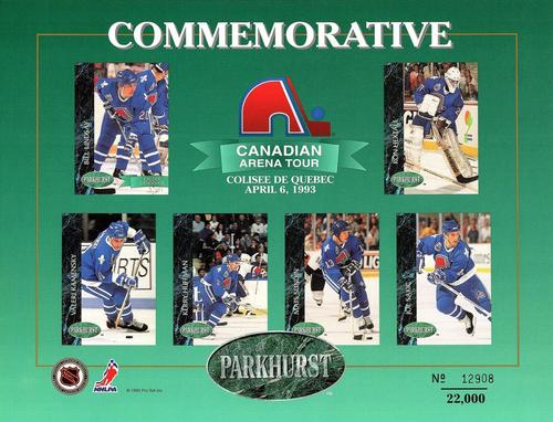1992-93 Parkhurst - Canadian Arena Tour Sheets #NNO Bill Lindsay / Ron Hextall / Valeri Kamensky / Kerry Huffman / Mats Sundin / Joe Sakic Front