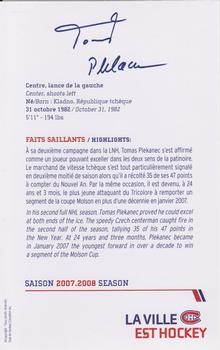 2007-08 Montreal Canadiens Postcards #NNO Tomas Plekanec Back