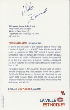 2007-08 Montreal Canadiens Postcards #NNO Mike Komisarek Back