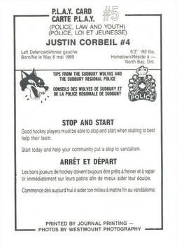1987-88 Sudbury Wolves (OHL) Police #5 Justin Corbeil Back