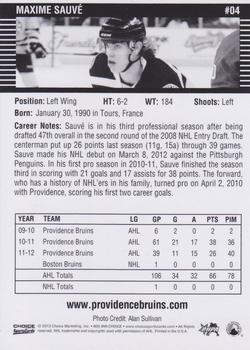 2012-13 Choice Providence Bruins (AHL) #4 Maxime Sauve Back