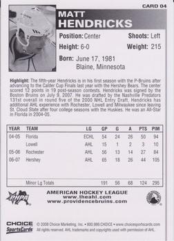 2007-08 Choice Providence Bruins (AHL) #4 Matt Hendricks Back