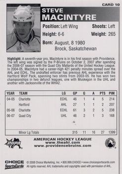 2007-08 Choice Providence Bruins (AHL) #10 Steve MacIntyre Back