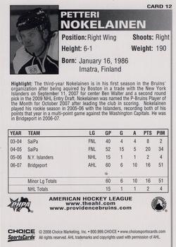 2007-08 Choice Providence Bruins (AHL) #12 Petteri Nokelainen Back